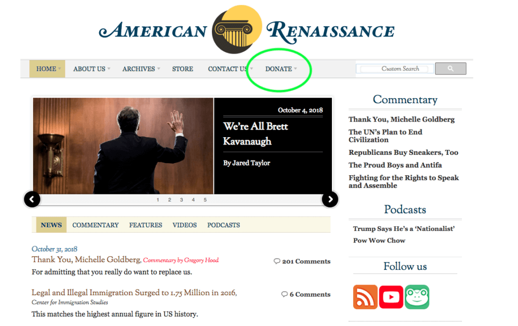 American Renaissance asserts that some races are more intelligent than others. The anti-diversity website accepts credit card donations online through a payment processor.