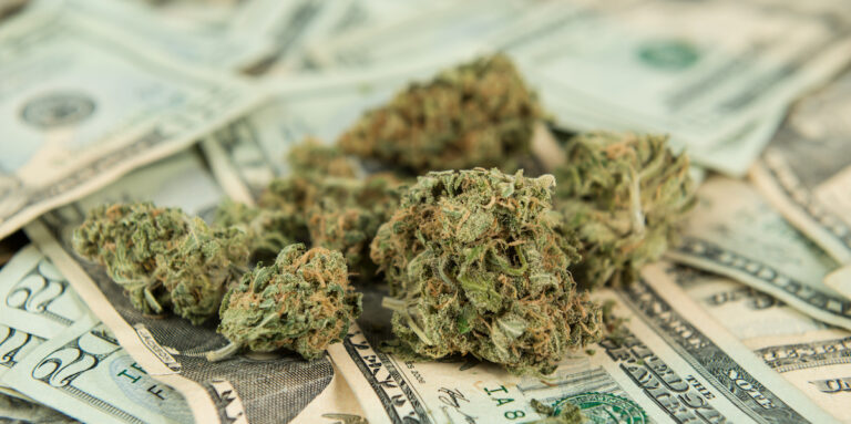Marijuana lying on twenty dollar bills symbolizing the now state run industry in the United States, while it still remains illegal at a federal level.