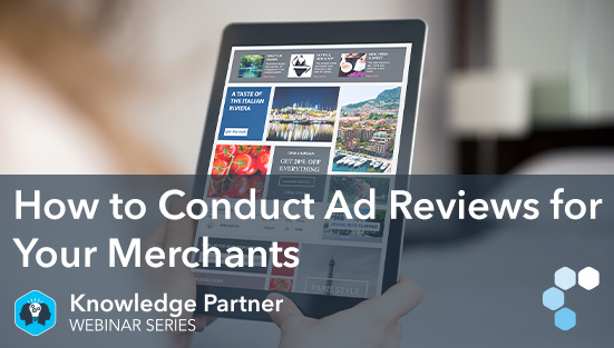 Graphic depicting LegitScript's How to Conduct Ad Reviews For Your Merchants webinar.