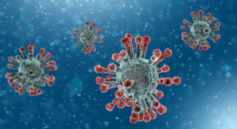 Microscopic view of Coronavirus, a pathogen that attacks the respiratory tract. Analysis and test, experimentation. Sars. 3d render