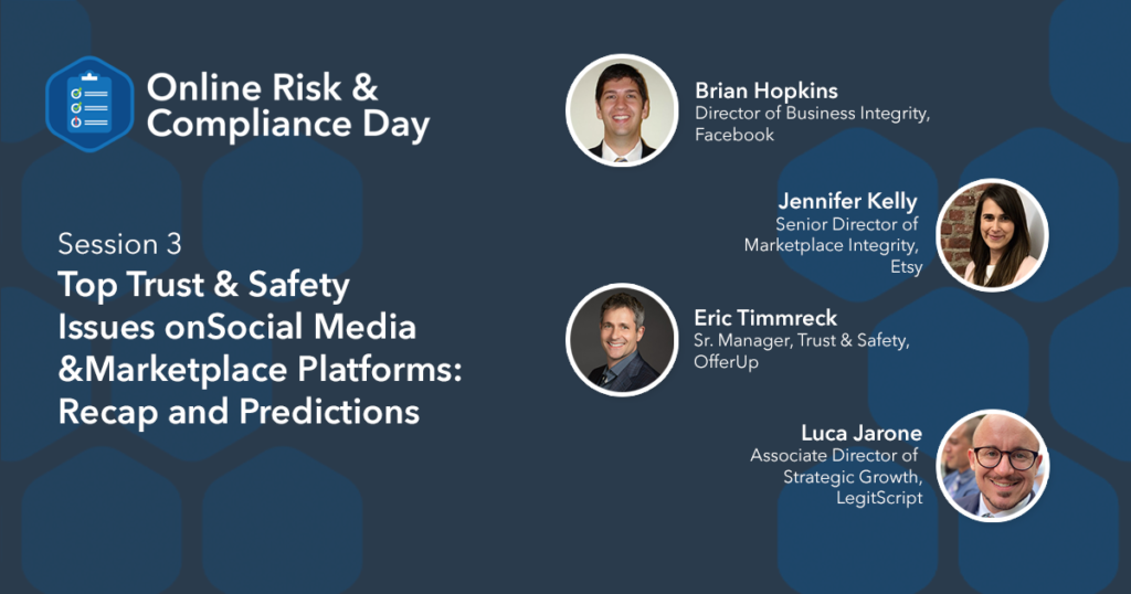Online Risk and Compliance Day Session 3 Recap graphic depicting speakers with LegitScript logo.
