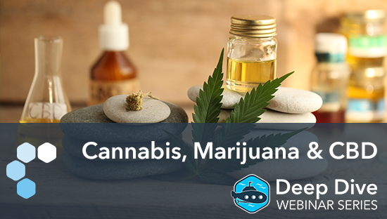 Graphic of cannabis product with text overlay promoting LegitScript’s deep dive webinar series.