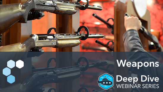 LegitScript branded image of weapons on a weapon rack with text overlay to promote the third webinar in Deep Dive Webinar Series.