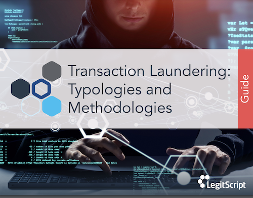 An image of the cover of a guide titled "Transaction Laundering Typologies and Methodologies".