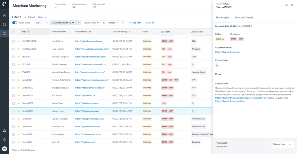 The new MyLegitScript portal makes it easier than ever to sort and filter through merchants, while offering the same detailed analysis notes to help you quickly action merchants.