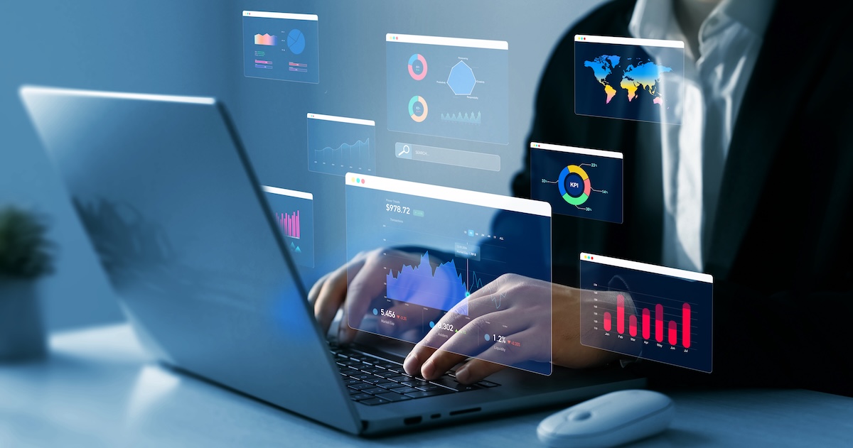 Management data System KPI connected in database for follow earnings,operations and sales data.Businessman using KPI dashboard.Financial business data analytics graph dashboard