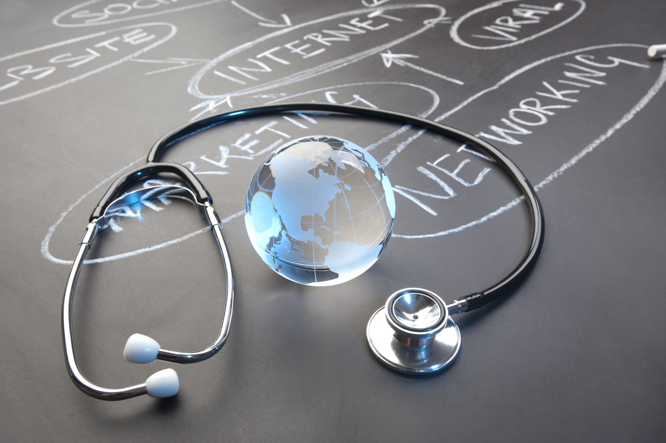 Healthy Internet strategy flowchart on a chalk board with world globe showing Americas
