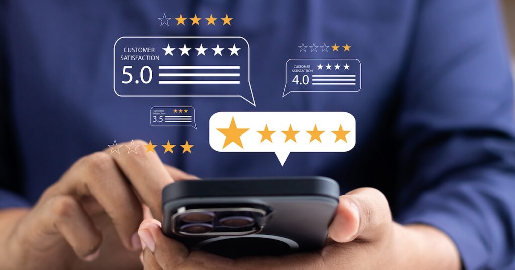 fake-review-services Online customer satisfaction Survey service concept, client rate service from experience in application,Consumer give five-Stars and feedback review for quality, Business reputation ranking from buyer