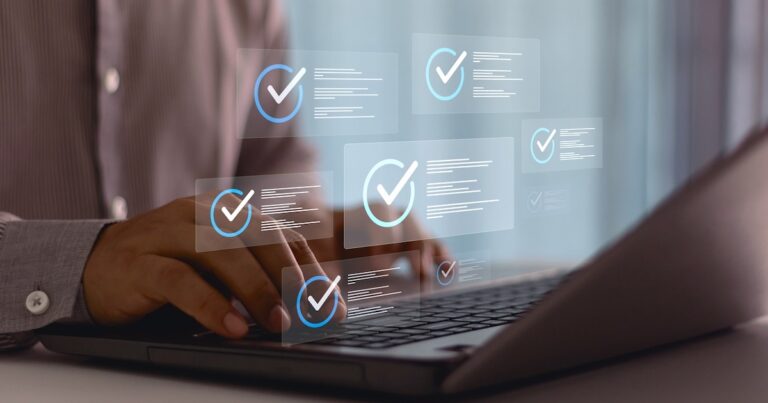 Businessman typing on laptop. Business evaluation and performance tracking in cyberspace using online checklist survey assessment platform quality assurance technology digital form and review process.