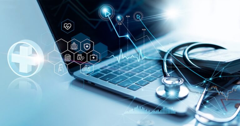 Healthcare business graph and data of Medical business growth on laptop, investment, financial and banking, Medical business report on global network.