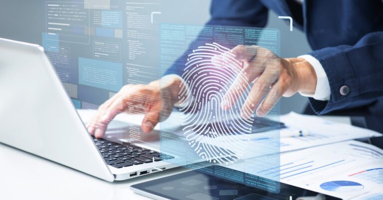 Technology intelligence  concepts with fingerprint identification,personal identity verification or authentication,data assets protection.cyber security management.not ai generated