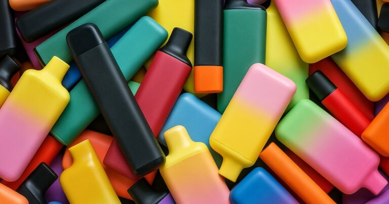 Close-up of a stack of colorful  electronic vaporizer or e-vaporizer aka electronic cigarettes or collection of vapes.