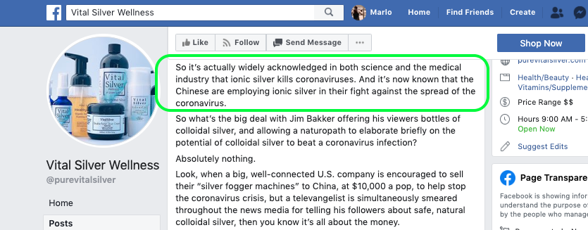 Screenshot of Vital Silver Wellness Facebook page