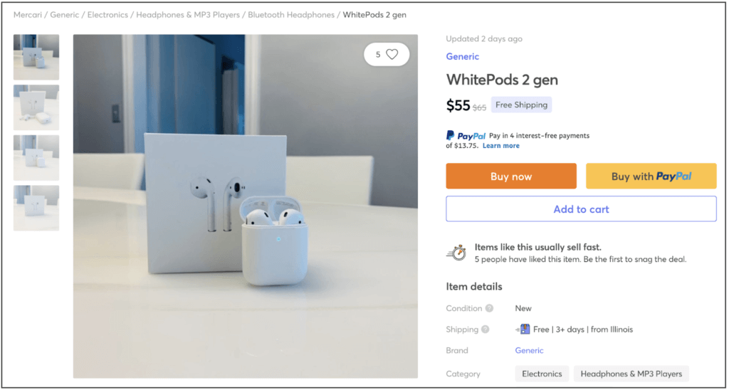 E-commerce listing for AirPods