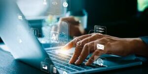 AI workflow automation and AI agent data tools concept with businessman using digital tablet and stylus interacting with artificial intelligence interface for process optimization, machine learning