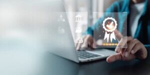 The company's product quality certificate is compliant, the check mark symbol represents the standard quality control. Certification and standardization process, iso certified business, conformity to international standards and quality assurance concept.