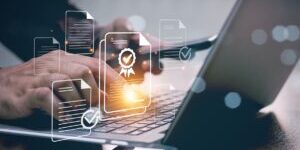 ISO standards quality control, assurance and warranty business technology concept. Touching on screen with ISO and globe icons on smart background. ISO Standard certification. Modern ISO banner.