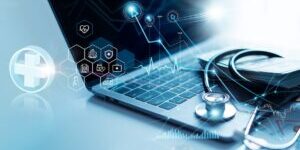 Healthcare business graph and data of Medical business growth on laptop, investment, financial and banking, Medical business report on global network.