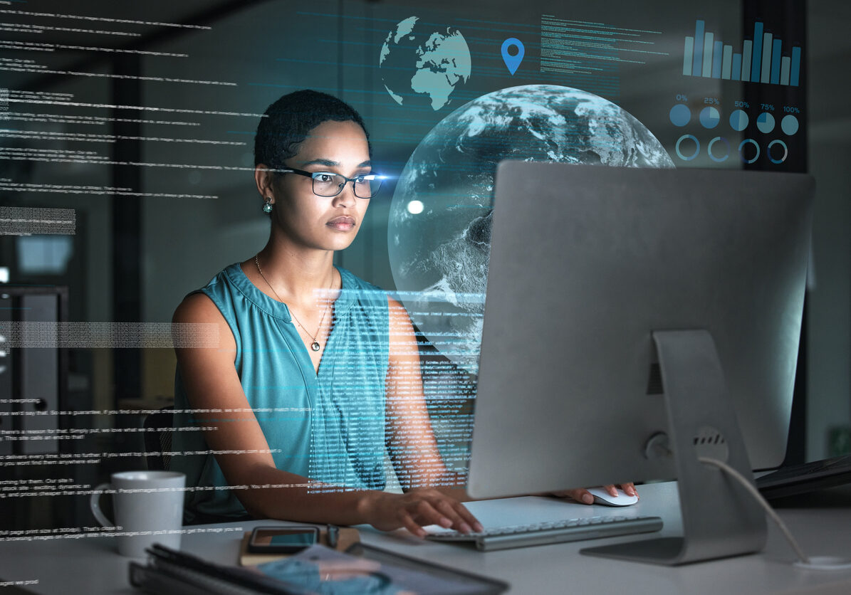 Computer hologram, global network and woman reading data analysis of earth communication, world networking or chart. Futuristic night overlay, planet ui hud or African media employee working overtime Computer, Earth data hologram and woman reading finance chart, stock market database or futuristic night overlay. Forex investment, global ecommerce and African trader trading NFT, bitcoin or crypto