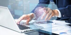 Technology intelligence  concepts with fingerprint identification,personal identity verification or authentication,data assets protection.cyber security management.not ai generated