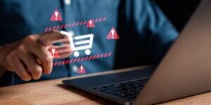 Alert of secure online shopping concept, Warning and danger sign, scam and thief in cybersecurity.