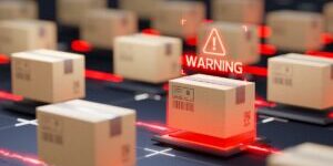 Red warning sign over cardboard box. Safety and security on sorting and storage lines. Automatic logistics management concept.