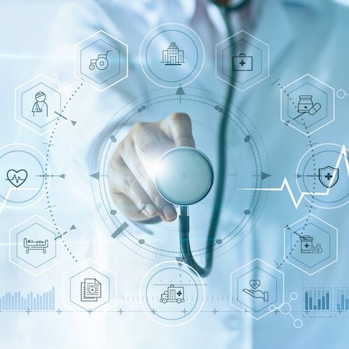 Medicine doctor with stethoscope in hand and icon insurance for health. Medical network connection on virtual screen interface. Innovation and modern medical technology concept Medicine doctor with stethoscope in hand and icon insurance for health. Medical network connection on virtual screen interface. Innovation and modern medical technology concept