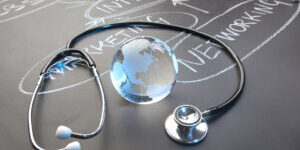 Healthy Internet strategy flowchart on a chalk board with world globe showing Americas